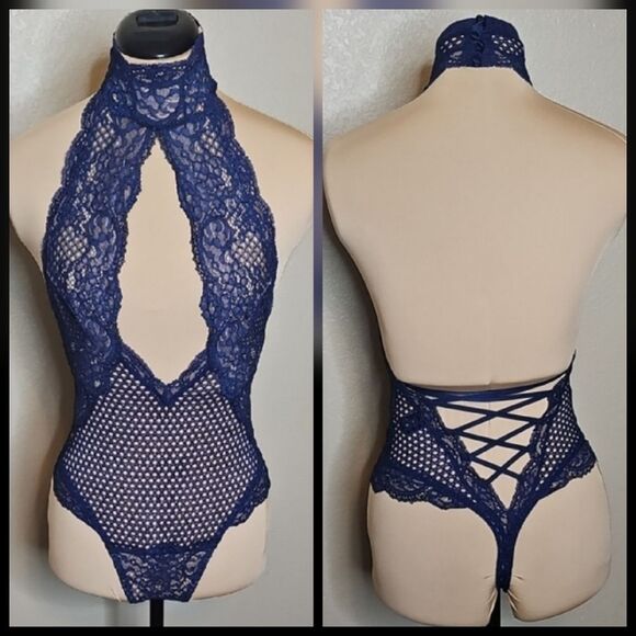Victoria's Secret Navy Lace Halter Neck Lingerie Teddy Fishnet Crisscross Back S - Picture 1 of 8